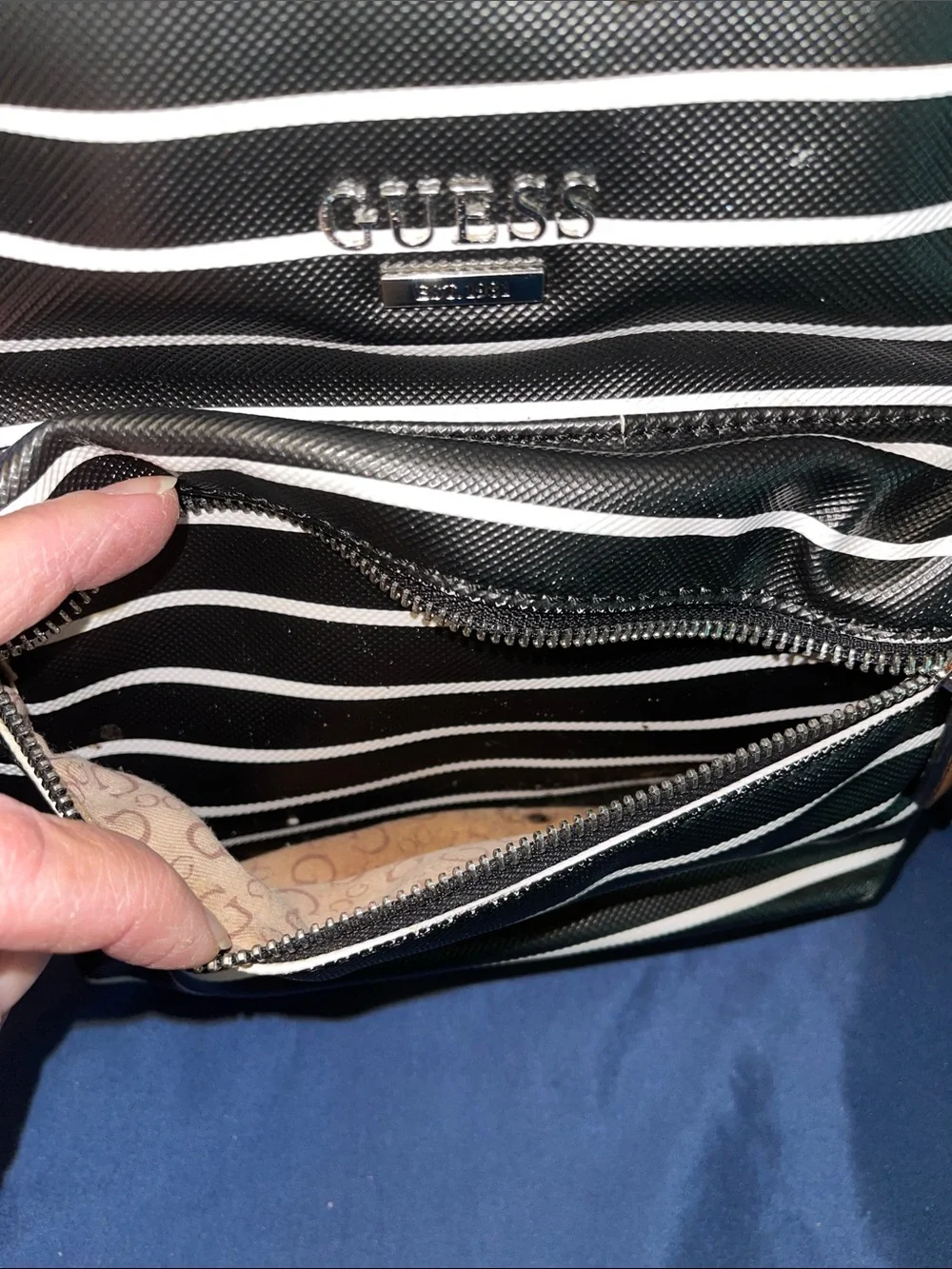 GUESS Black and White Striped Backpack
